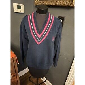 1980’s claiborne Vintage Tennis Sweater Navy Blue Hot Pink Cotton Knit sz L
